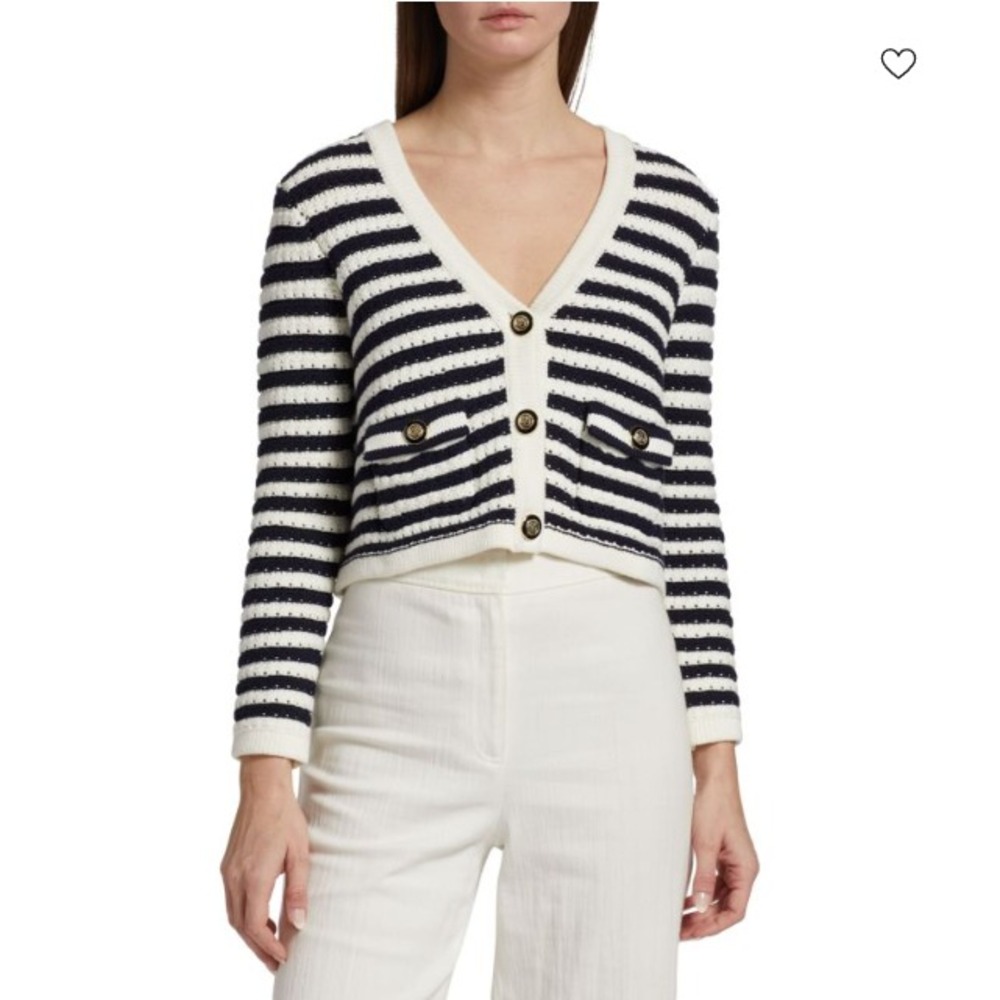 Ba&sh Garden Cardigan Sweater Women Medium (2) Cropped Gold Button Striped White